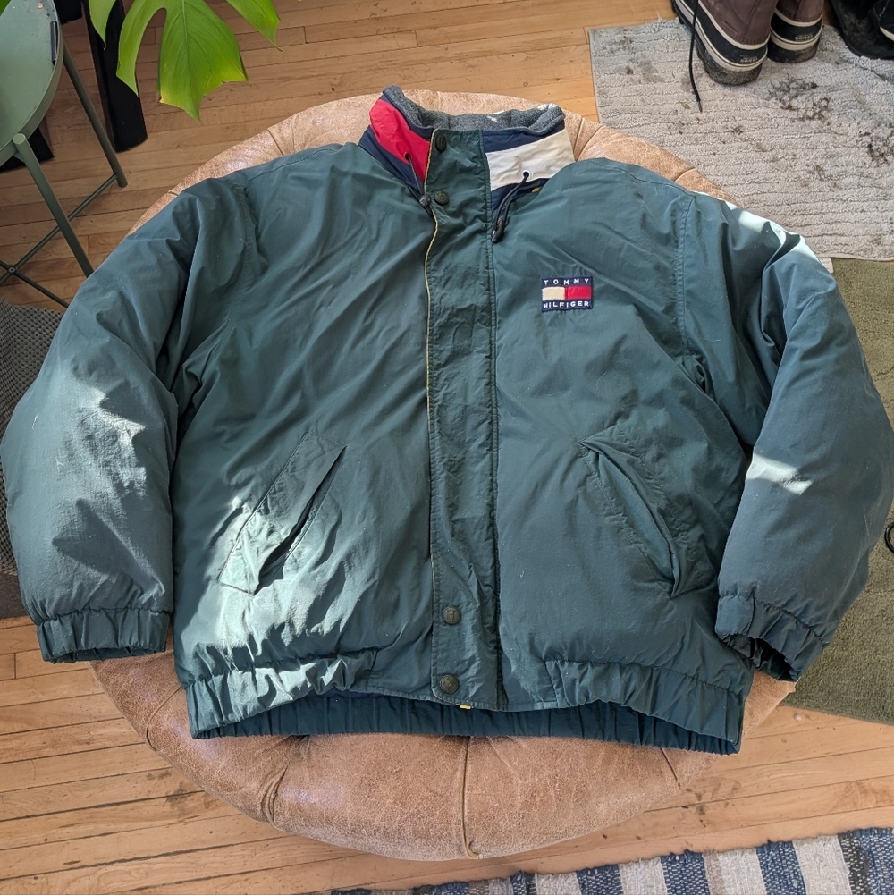 90s Vintage Tommy Hilfiger Down Jacket w Yellow Hide A Hood Men's Size Medium